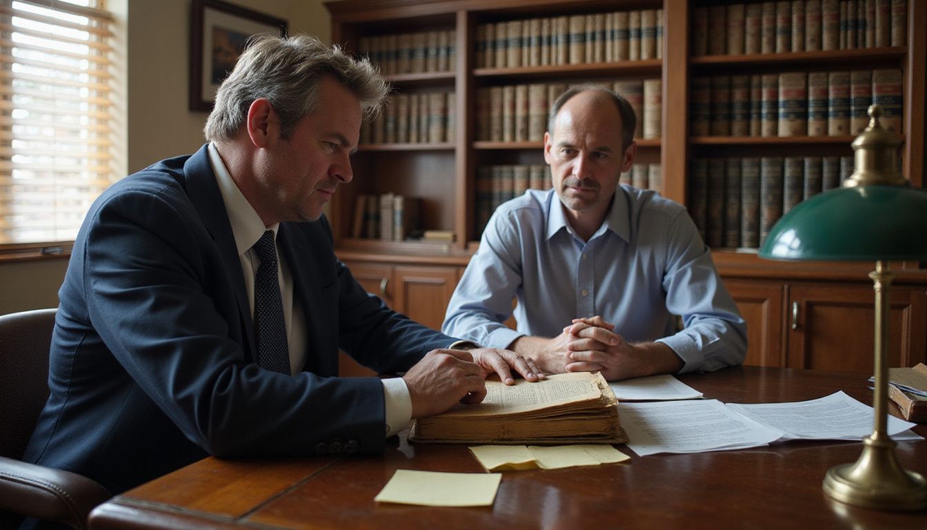 An attorney and client discuss legal matters in an office.