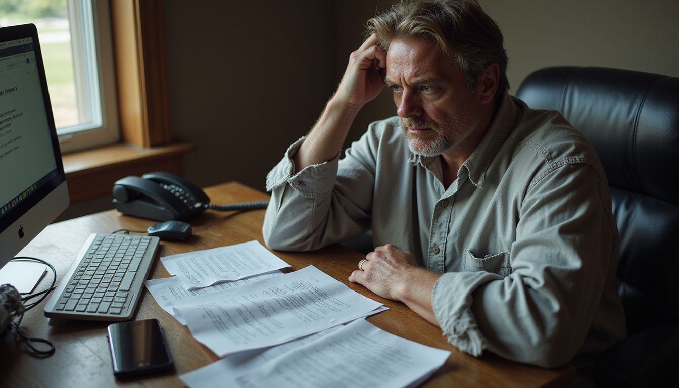 A middle-aged person sits at a cluttered desk, researching DUI laws. A middle-aged person sits at a cluttered desk, researching DUI laws.