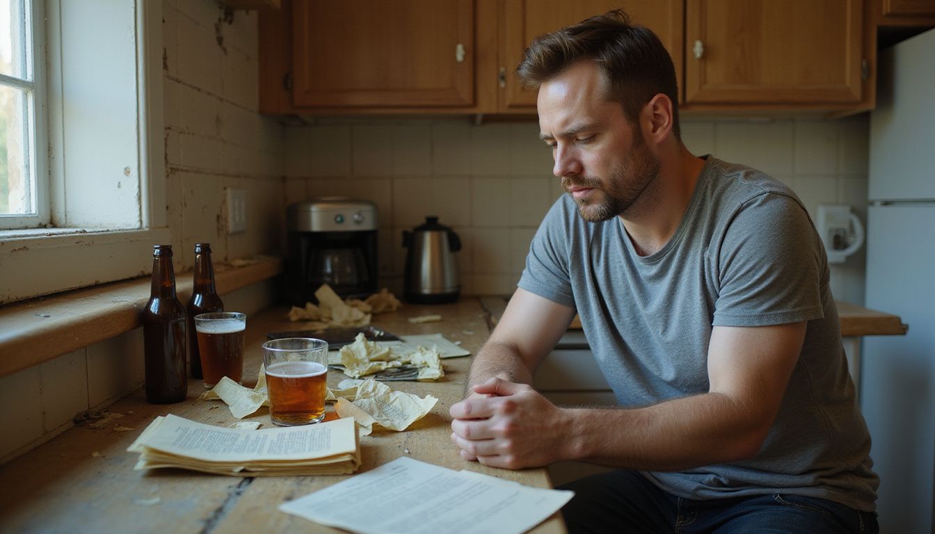 A tired man seated at cluttered kitchen counter contemplates recent DUI arrest.