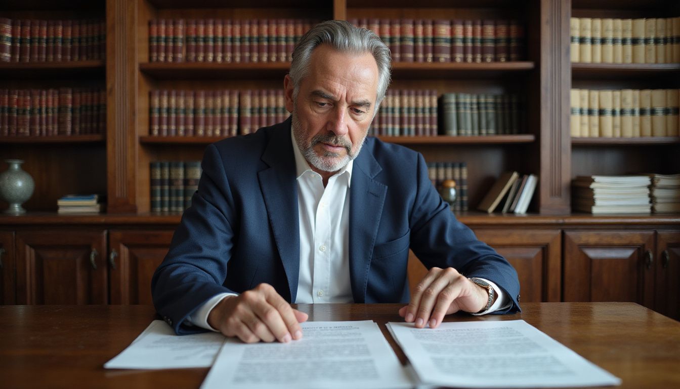 Experienced lawyer reviewing legal documents in his office.